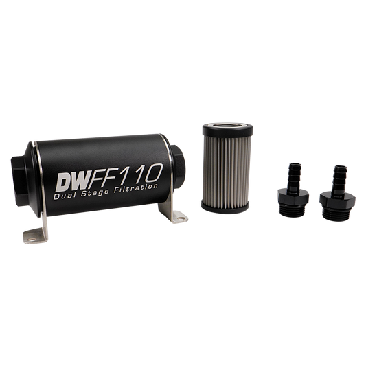 8-03-110-005K-38 DW 110mm Inline Fuel Filter 5 Micron Stainless Steel Element E85 Post-Pump 3/8" Hose Barb Universal