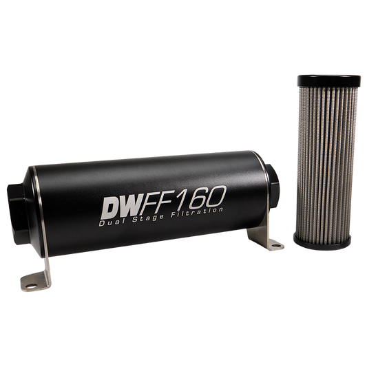 8-03-160-005K DW 160mm Inline Fuel Filter 5 Micron Stainless Steel Element E85 Post-Pump 10 AN ORB Female