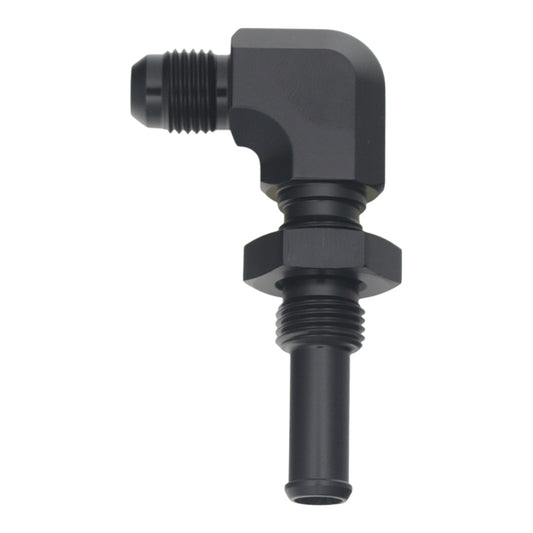 6-02-0733-B DeatschWerks 6AN Male Flare to 90-Degree 3/8in Single Hose Barb - Anodized Matte Black