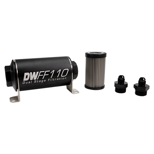 8-03-110-040K-6 DW 110mm Inline Fuel Filter 40 Micron Stainless Steel Element E85 Post-Pump 6 AN Male Universal
