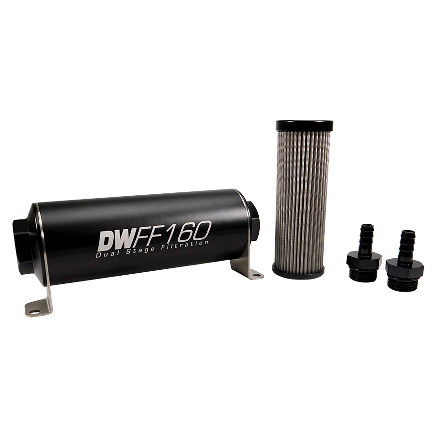 8-03-160-005K-38 DW 160mm Inline Fuel Filter 5 Micron Stainless Steel Element E85 Post-Pump 3/8" Hose Barb Universal