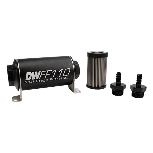 8-03-110-005K-516 DW 110mm Inline Fuel Filter 5 Micron Stainless Steel Element E85 Post-Pump 5/16" Hose Barb
