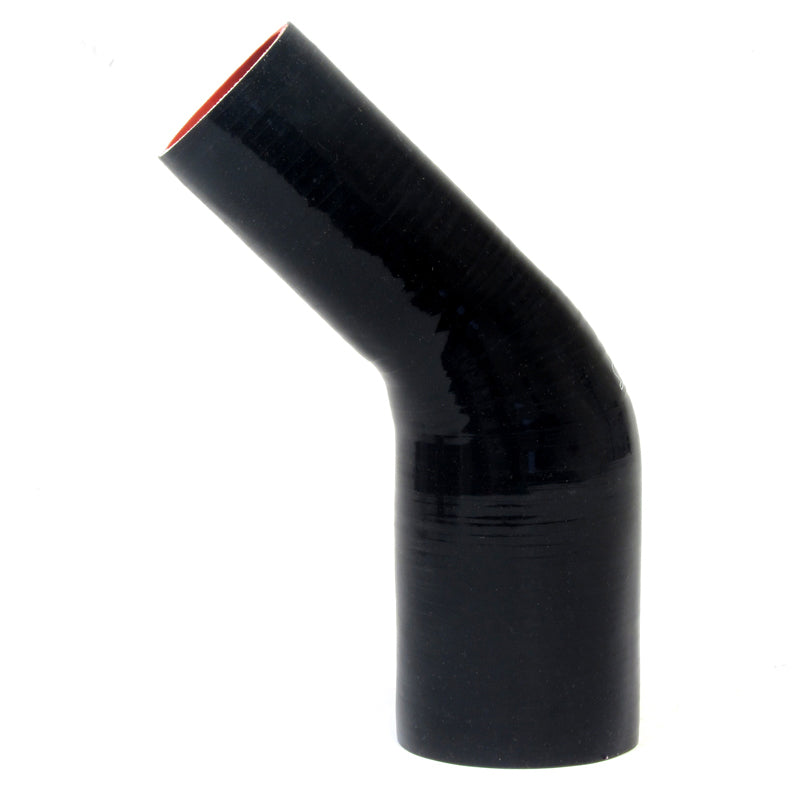 HTSER45-400-450-BLK HPS 4" - 4.5" (102MM - 114MM) ID 6" Long 4-PLY Polyester Black Silicone Elbow Reducer - 45 Degree