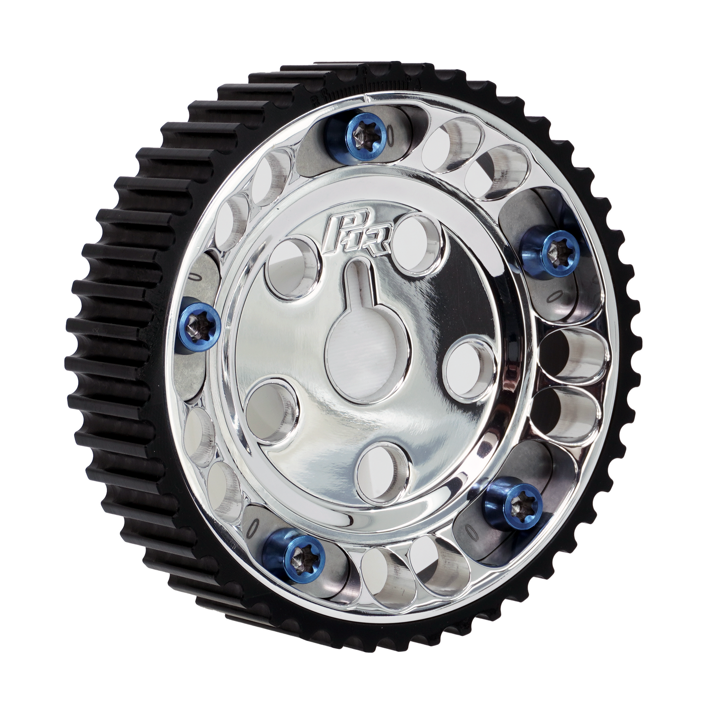 PHR Billet Titanium or Aluminum Adjustable Locking Cam Gear Builder for 2JZ/1JZ Engines - Polished Aluminum Inner, Black Anodized Aluminum Outer, Stainless "0" Degree Locks, Blue Titanium Hardware