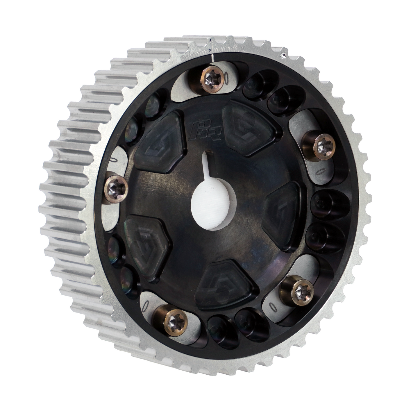 PHR Billet Titanium or Aluminum Adjustable Locking Cam Gear Builder for 2JZ/1JZ Engines - Black Titanium Inner, Machined Titanium Outer, Titanium "0" Degree Locks, Bronze Titanium Hardware