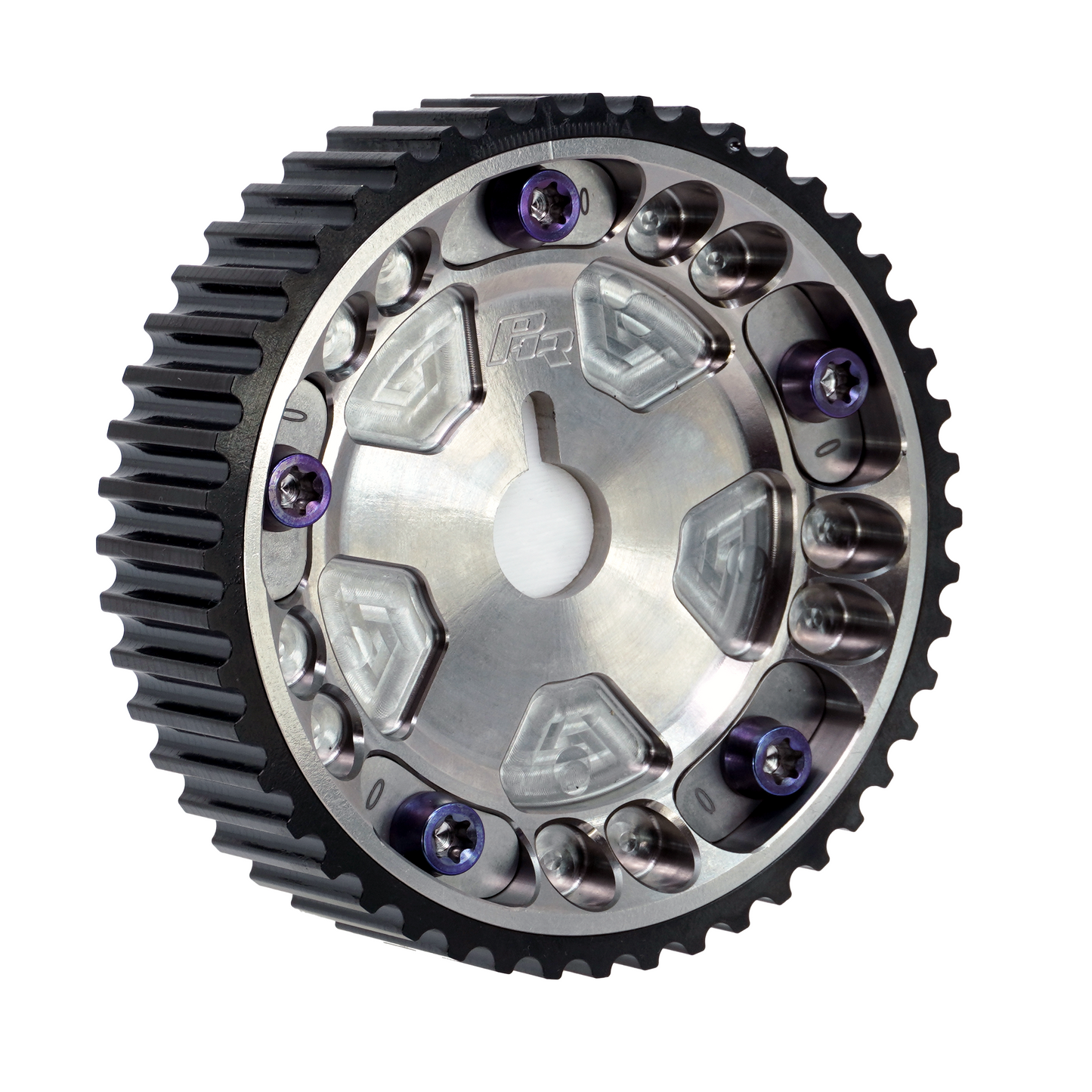 PHR Billet Titanium or Aluminum Adjustable Locking Cam Gear Builder for 2JZ/1JZ Engines - Machined Titanium Inner, Black Titanium Outer, Stainless "0" Degree Locks, Purple Titanium Hardware