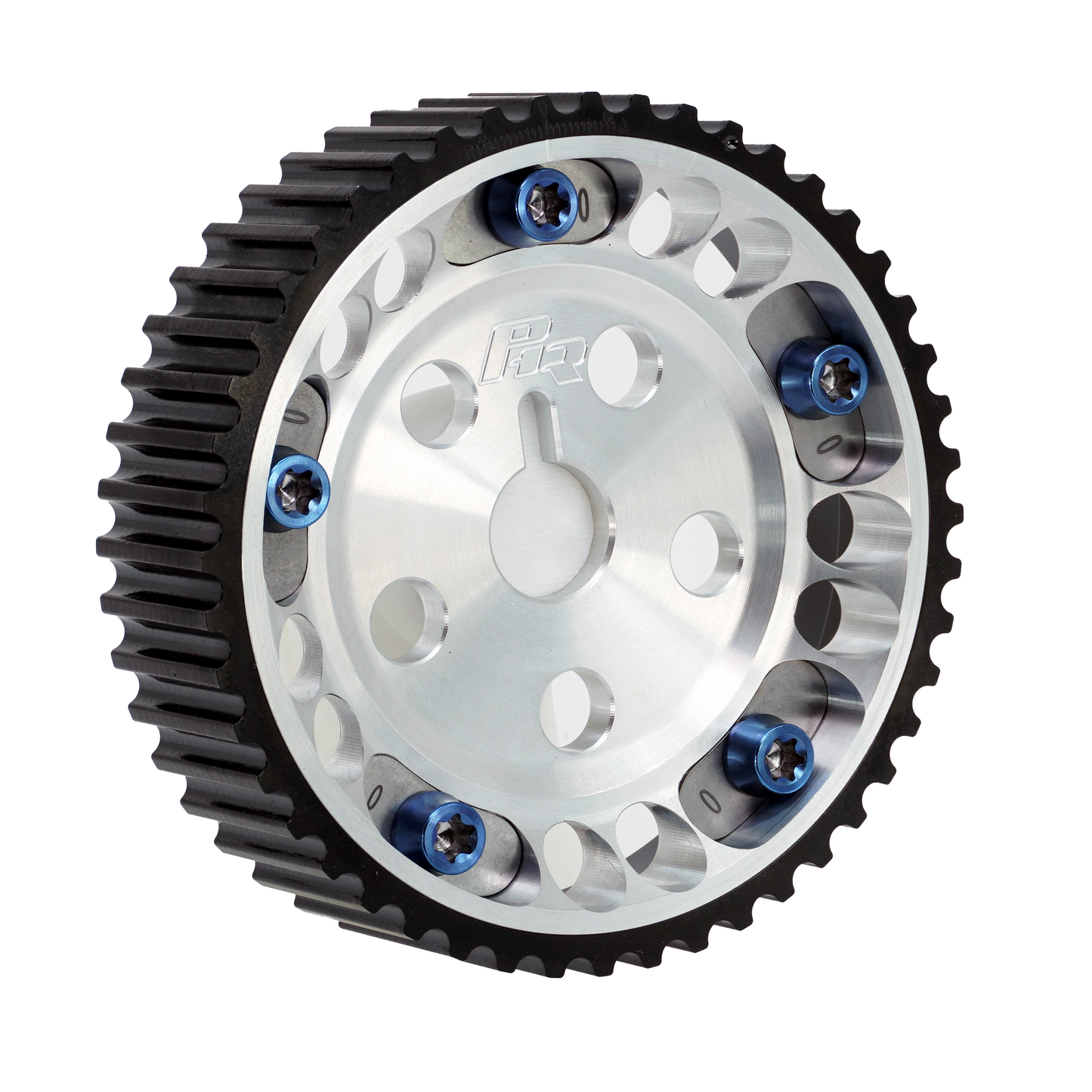 PHR Billet Titanium or Aluminum Adjustable Locking Cam Gear Builder for 2JZ/1JZ Engines - Machined Aluminum Inner, Black Titanium Outer, Stainless "0" Degree Locks, Blue Titanium Hardware