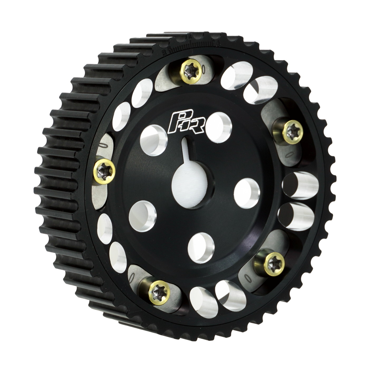 PHR Billet Titanium or Aluminum Adjustable Locking Cam Gear Builder for 2JZ/1JZ Engines - Black Anodized Aluminum Inner, Black Titanium Outer, Stainless "0" Degree Locks, Yellow Titanium Hardware
