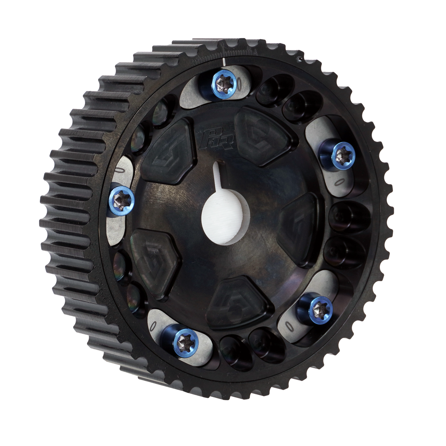 PHR Billet Titanium or Aluminum Adjustable Locking Cam Gear Builder for 2JZ/1JZ Engines - Black Titanium Inner, Black Titanium Outer, Stainless "0" Degree Locks, Blue Titanium Hardware