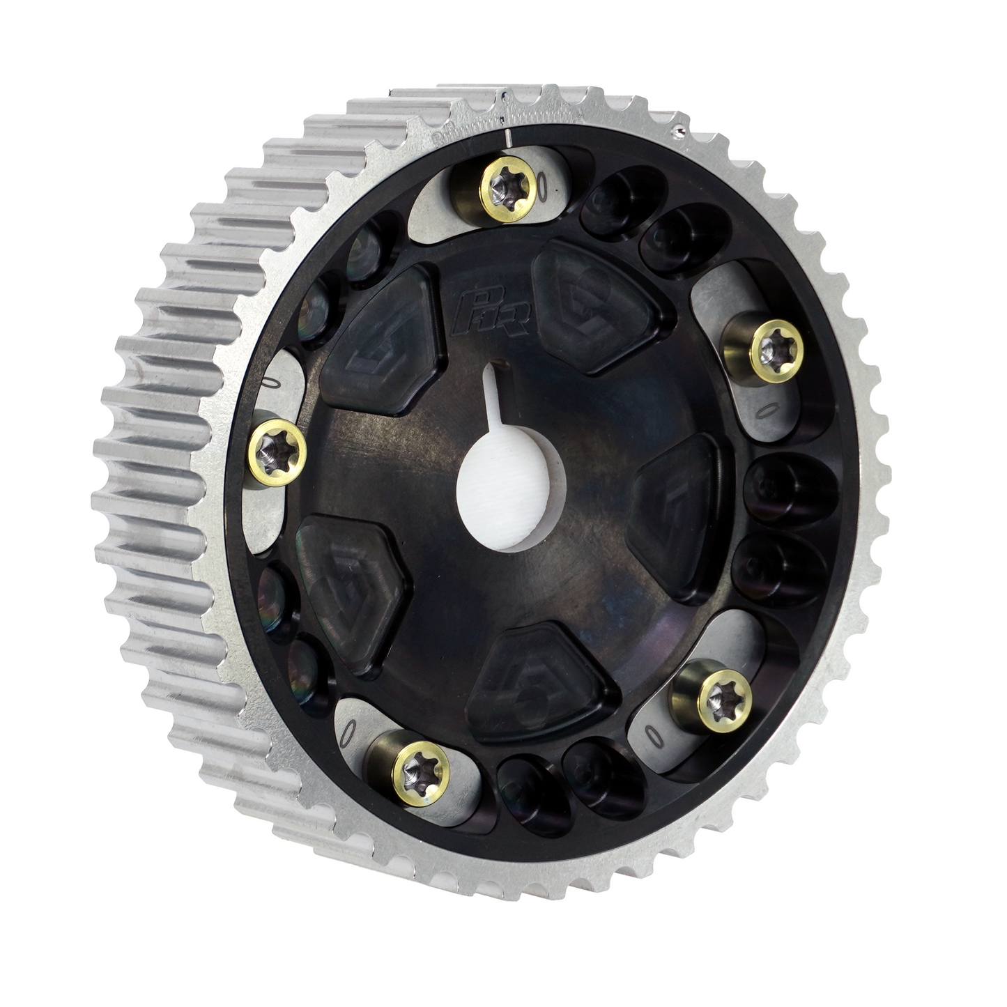 PHR Billet Titanium or Aluminum Adjustable Locking Cam Gear Builder for 2JZ/1JZ Engines - Black Titanium Inner, Machined Titanium Outer, Titanium "0" Degree Locks, Yellow Titanium Hardware