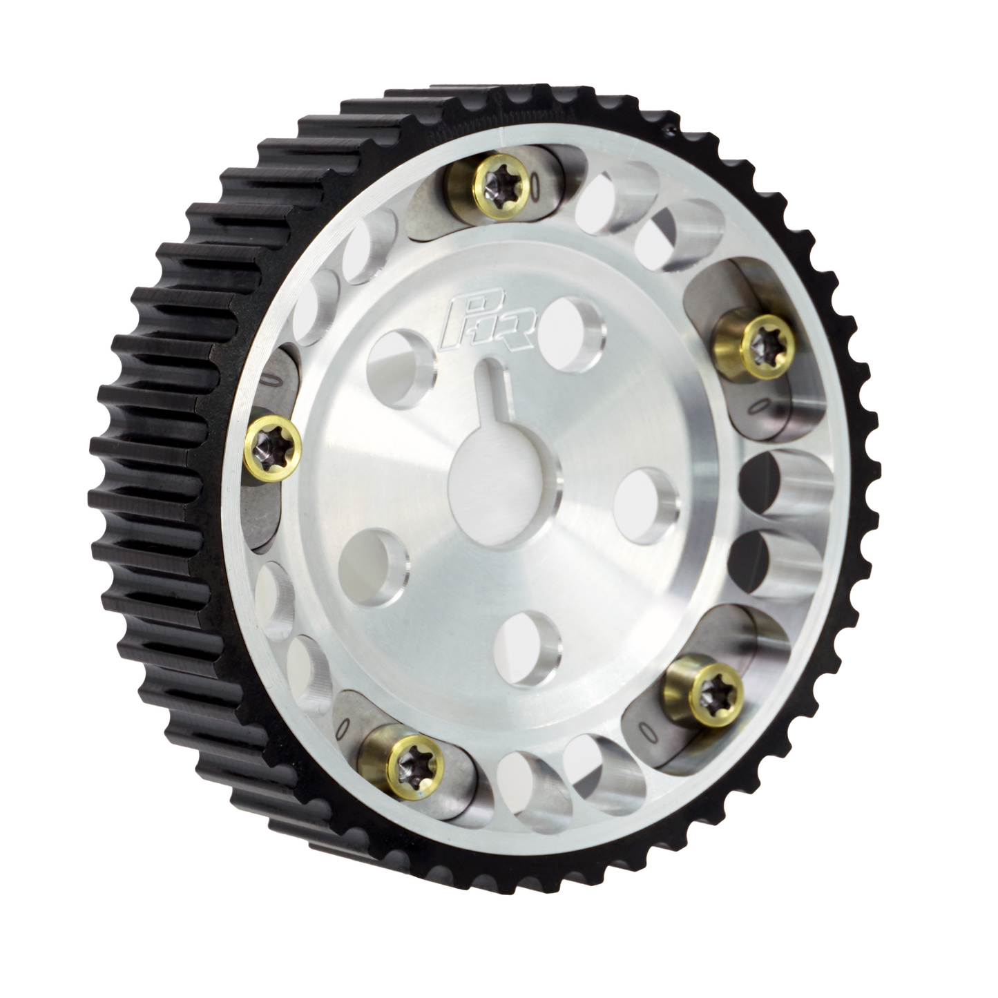 PHR Billet Titanium or Aluminum Adjustable Locking Cam Gear Builder for 2JZ/1JZ Engines - Machined Aluminum Inner, Black Titanium Outer, Titanium "0" Degree Locks, Yellow Titanium Hardware