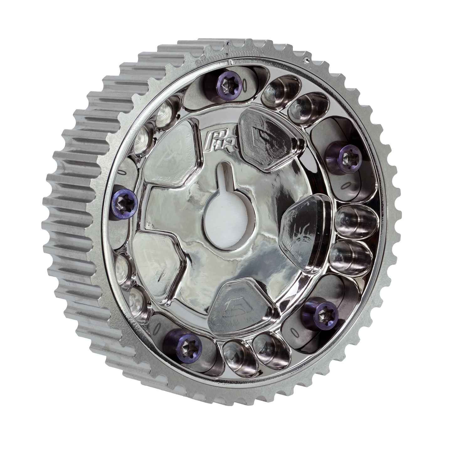 PHR Billet Titanium or Aluminum Adjustable Locking Cam Gear Builder for 2JZ/1JZ Engines - Polished Titanium Inner, Machined Titanium Outer, Stainless "0" Degree Locks, Purple Titanium Hardware