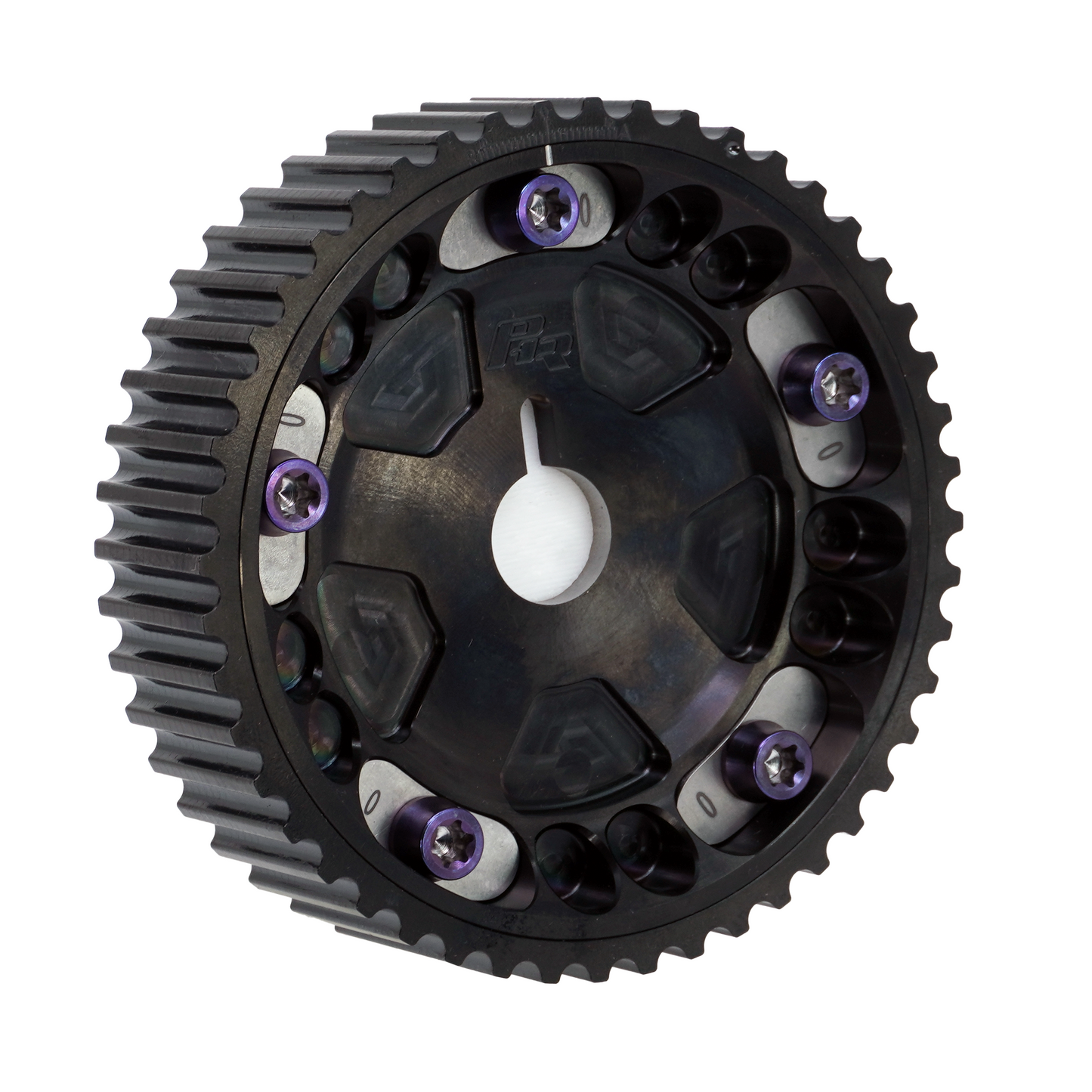 PHR Billet Titanium or Aluminum Adjustable Locking Cam Gear Builder for 2JZ/1JZ Engines - Black Titanium Inner, Black Anodized Aluminum Outer, Stainless "0" Degree Locks, Purple Titanium Hardware