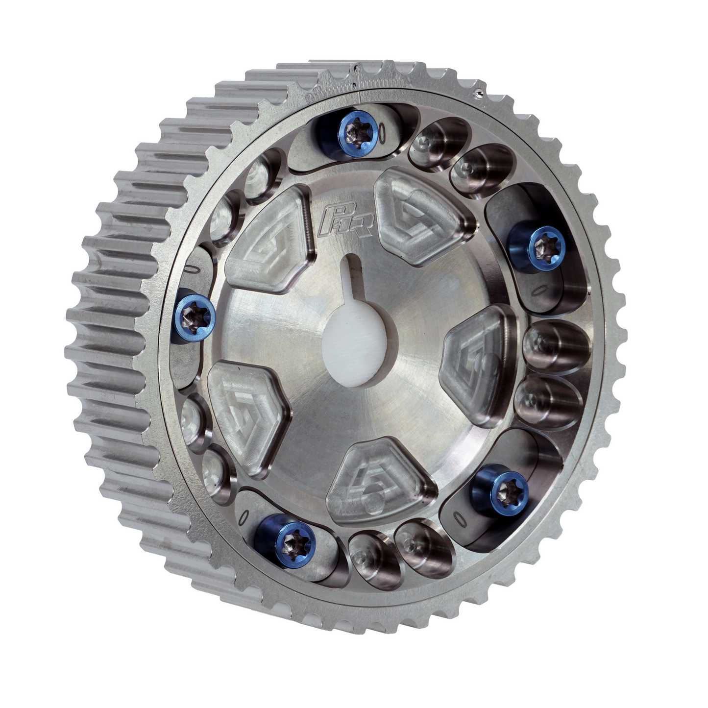 PHR Billet Titanium or Aluminum Adjustable Locking Cam Gear Builder for 2JZ/1JZ Engines - Machined Titanium Inner, Machined Titanium Outer, Stainless "0" Degree Locks, Blue Titanium Hardware