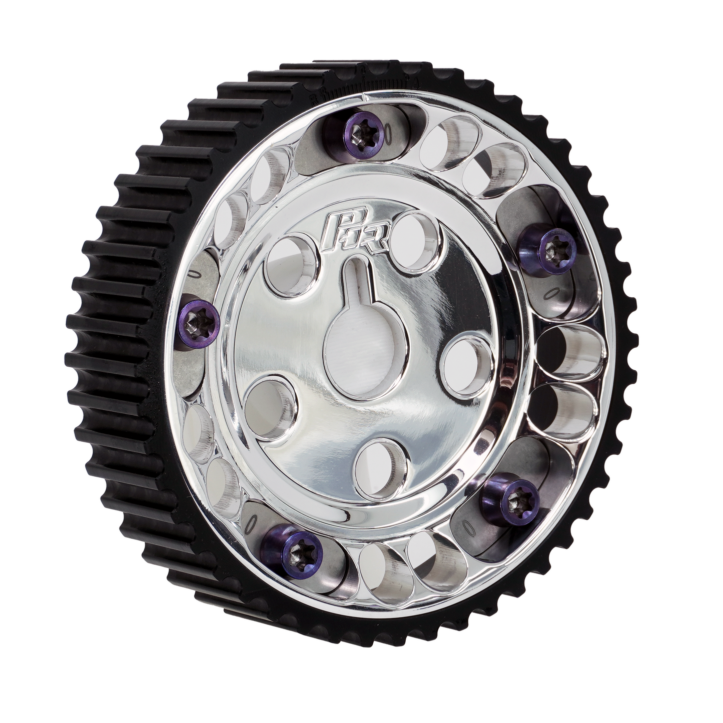 PHR Billet Titanium or Aluminum Adjustable Locking Cam Gear Builder for 2JZ/1JZ Engines - Polished Aluminum Inner, Black Titanium Outer, Stainless "0" Degree Locks, Purple Titanium Hardware