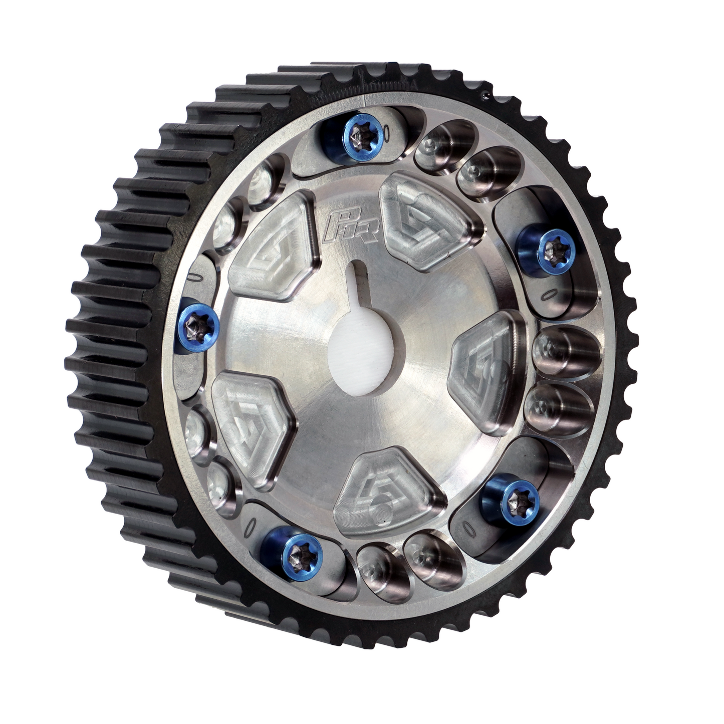 PHR Billet Titanium or Aluminum Adjustable Locking Cam Gear Builder for 2JZ/1JZ Engines - Machined Titanium Inner, Black Titanium Outer, Stainless "0" Degree Locks, Blue Titanium Hardware
