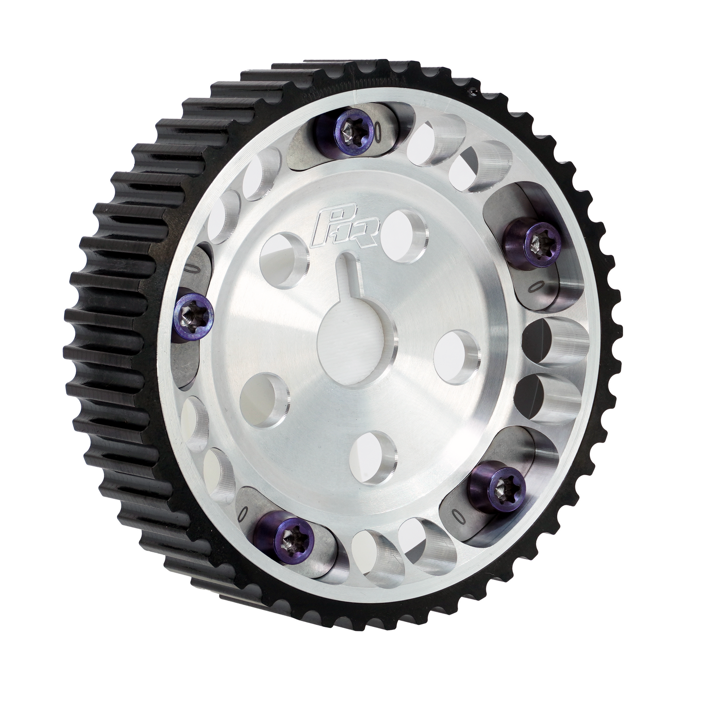 PHR Billet Titanium or Aluminum Adjustable Locking Cam Gear Builder for 2JZ/1JZ Engines - Machined Aluminum Inner, Black Titanium Outer, Stainless "0" Degree Locks, Purple Titanium Hardware