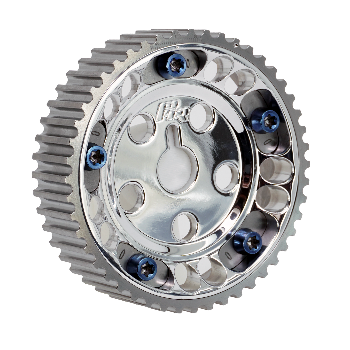 PHR Billet Titanium or Aluminum Adjustable Locking Cam Gear Builder for 2JZ/1JZ Engines - Polished Aluminum Inner, Machined Titanium Outer, Stainless "0" Degree Locks, Blue Titanium Hardware