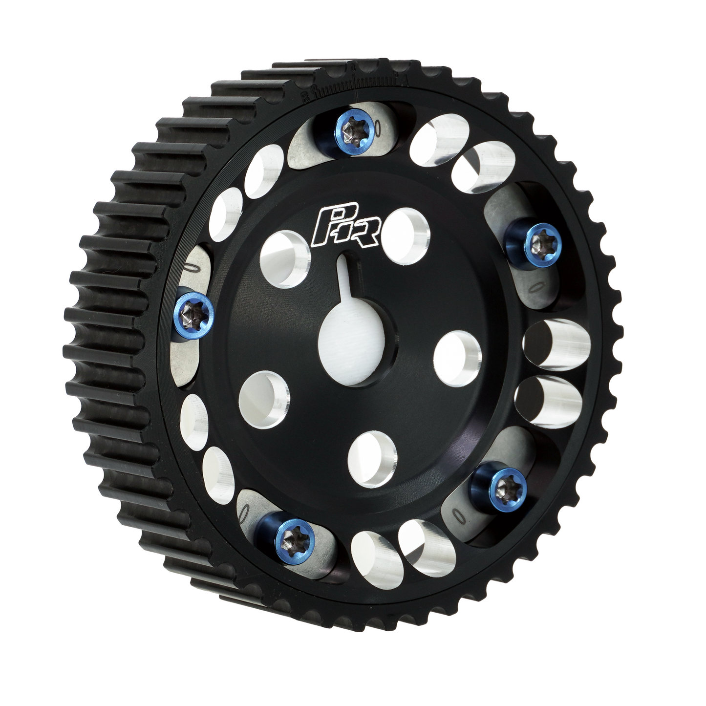 PHR Billet Titanium or Aluminum Adjustable Locking Cam Gear Builder for 2JZ/1JZ Engines - Black Anodized Aluminum Inner, Black Titanium Outer, Stainless "0" Degree Locks, Blue Titanium Hardware