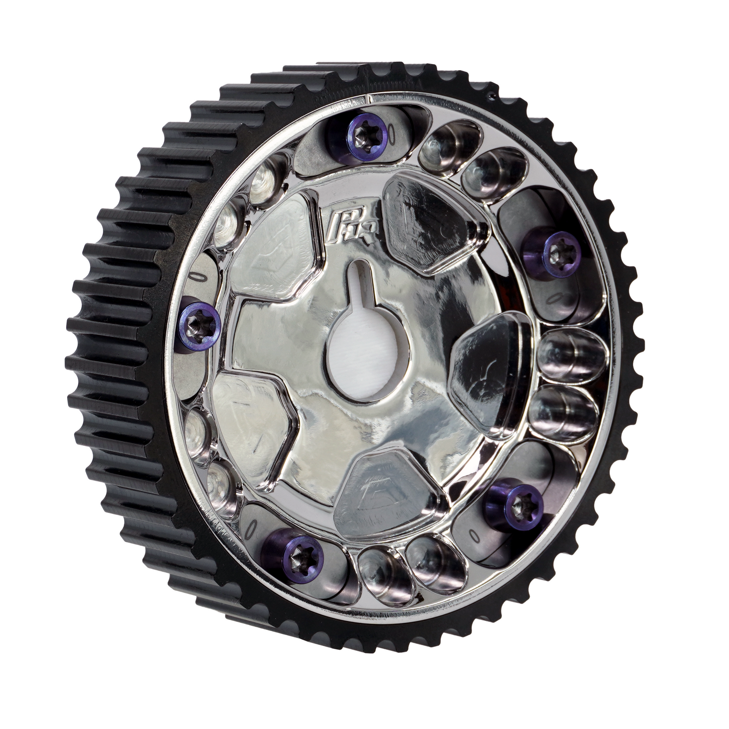 PHR Billet Titanium or Aluminum Adjustable Locking Cam Gear Builder for 2JZ/1JZ Engines - Polished Titanium Inner, Black Anodized Aluminum Outer, Stainless "0" Degree Locks, Purple Titanium Hardware