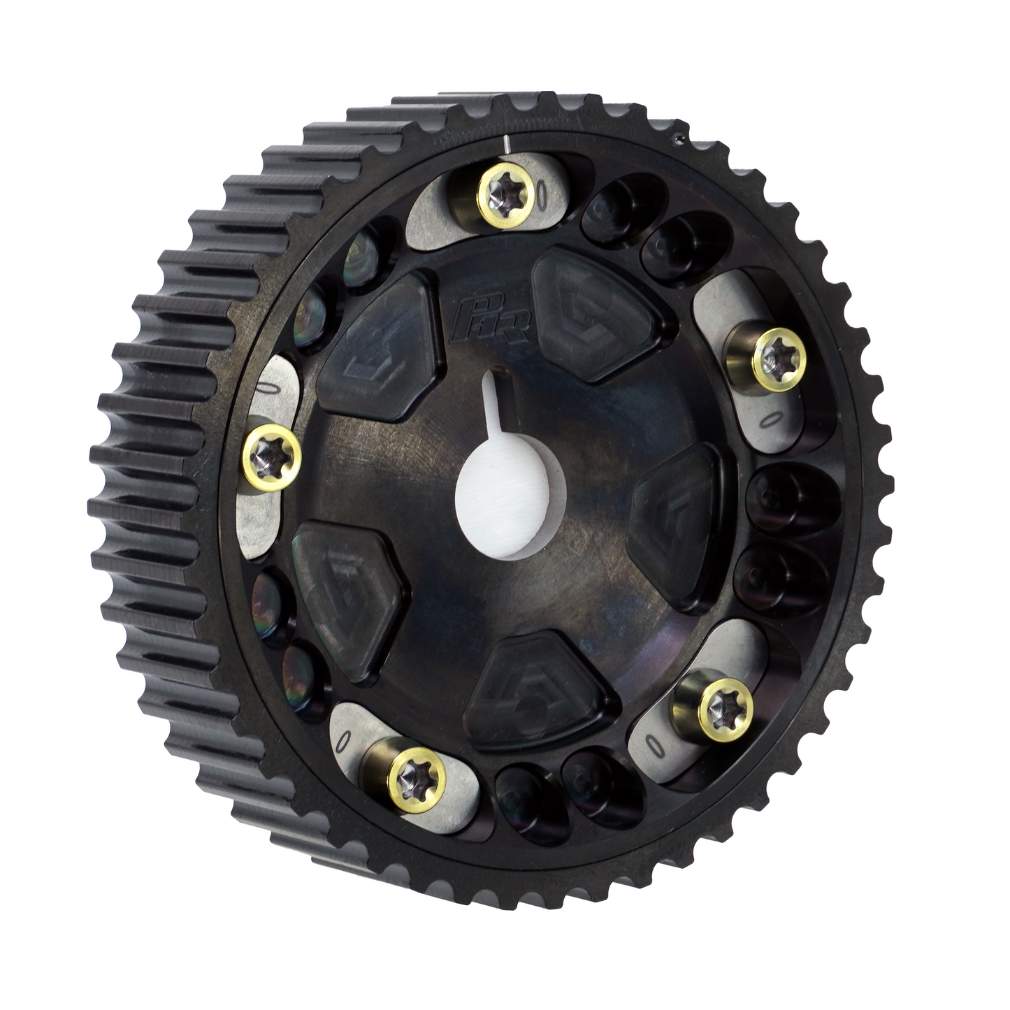 PHR Billet Titanium or Aluminum Adjustable Locking Cam Gear Builder for 2JZ/1JZ Engines - Black Titanium Inner, Black Titanium Outer, Titanium "0" Degree Locks, Yellow Titanium Hardware