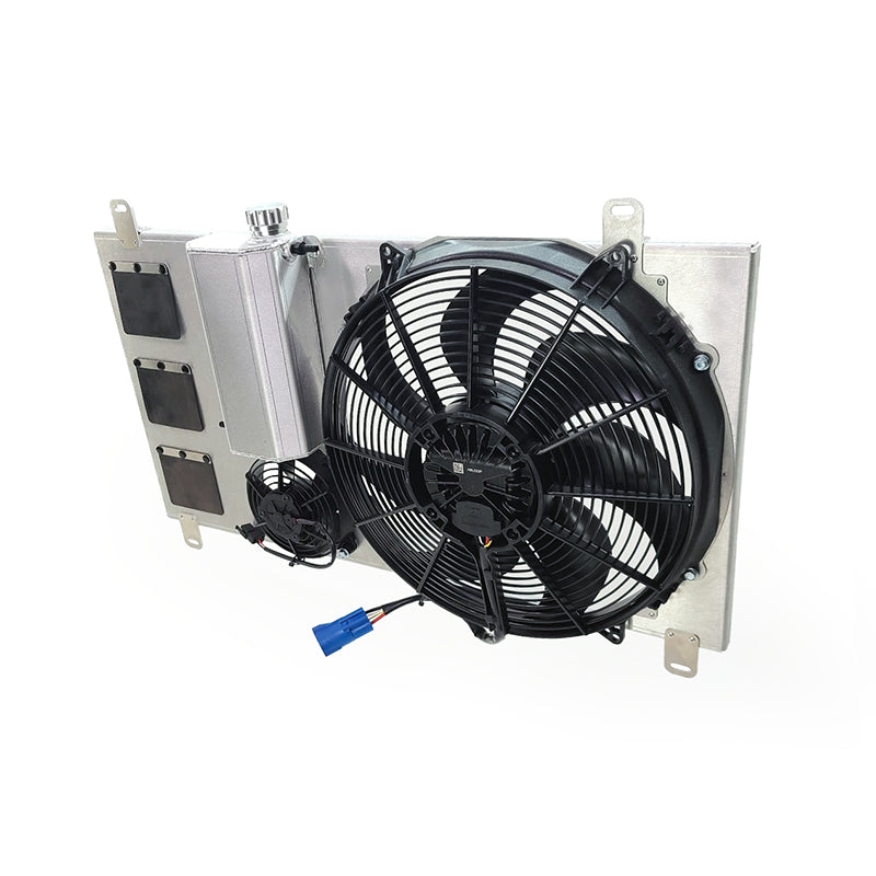 PHR SPAL 15.2" Single Brushless Fan Kit for MKIV Supra - 15.2" Brushless, Gloss black powder coat, Add Auxilary Fan, Add Attached Coolant Overflow Reservoir, Matte Black Powder Coat, Add Wiring Harness for 15.2" Fan + Auxilary Fan, 43A, 6.5A