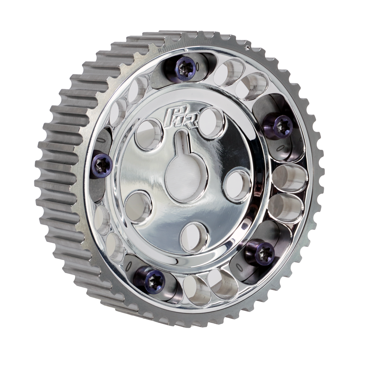 PHR Billet Titanium or Aluminum Adjustable Locking Cam Gear Builder for 2JZ/1JZ Engines - Polished Aluminum Inner, Machined Titanium Outer, Titanium "0" Degree Locks, Purple Titanium Hardware
