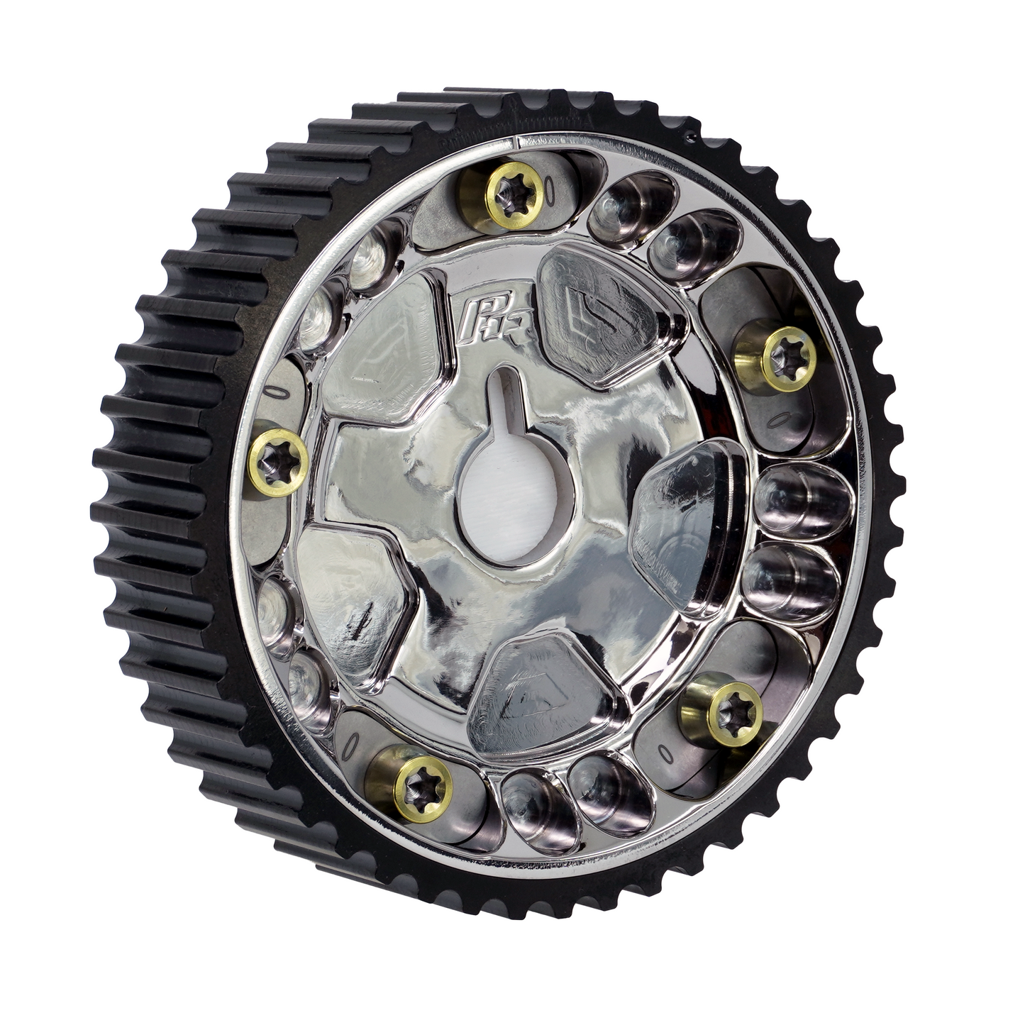 PHR Billet Titanium or Aluminum Adjustable Locking Cam Gear Builder for 2JZ/1JZ Engines - Polished Titanium Inner, Black Anodized Aluminum Outer, Titanium "0" Degree Locks, Yellow Titanium Hardware