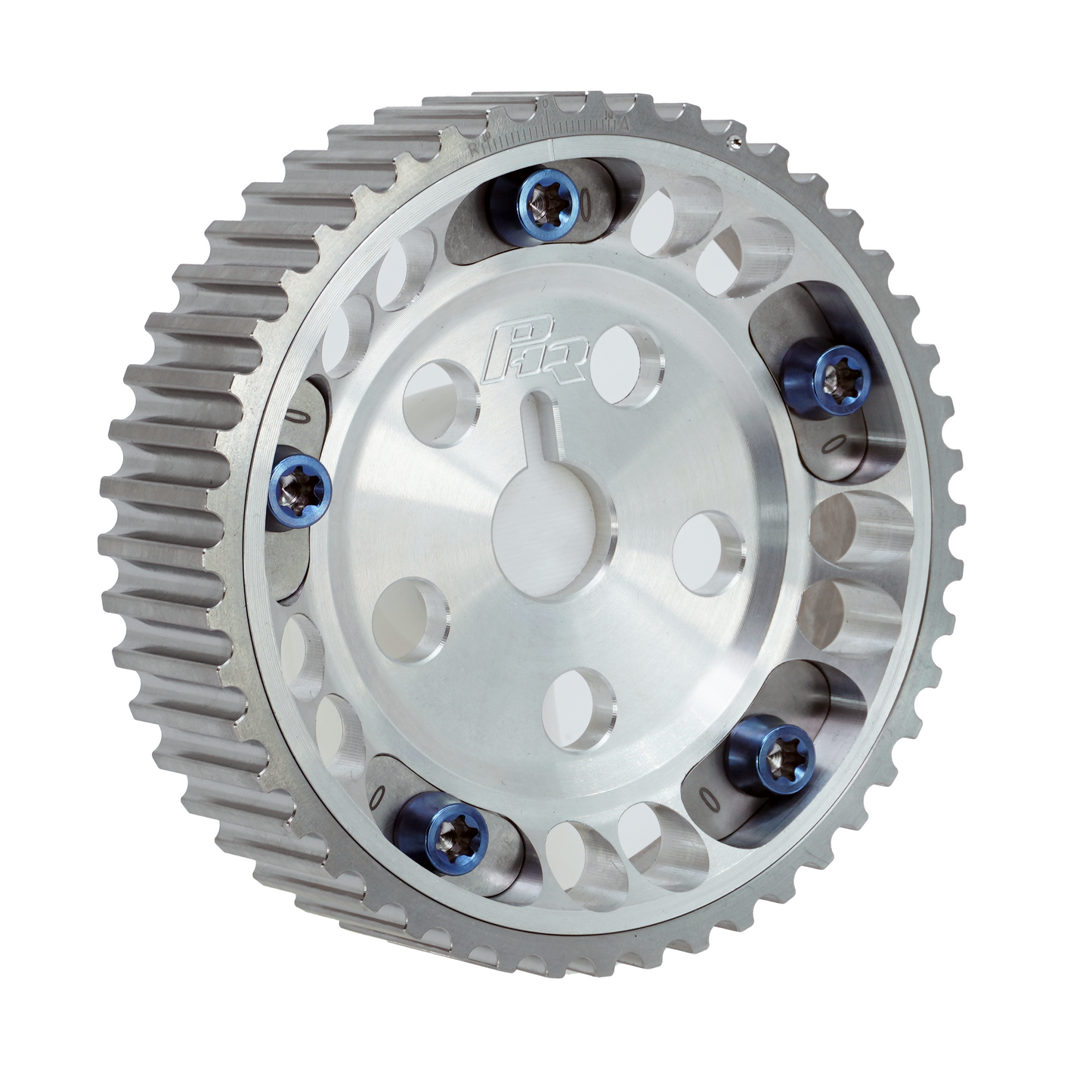 PHR Billet Titanium or Aluminum Adjustable Locking Cam Gear Builder for 2JZ/1JZ Engines - Machined Aluminum Inner, Machined Titanium Outer, Stainless "0" Degree Locks, Blue Titanium Hardware