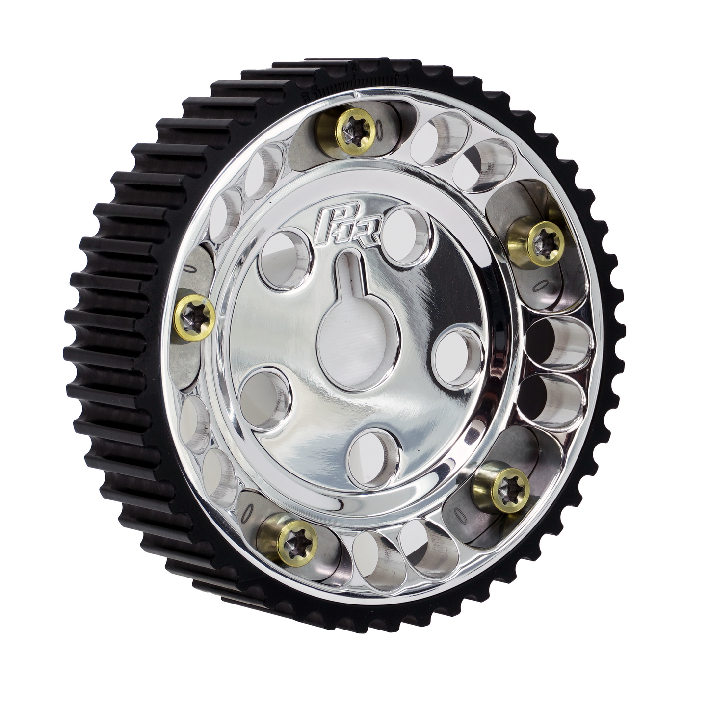 PHR Billet Titanium or Aluminum Adjustable Locking Cam Gear Builder for 2JZ/1JZ Engines - Polished Aluminum Inner, Black Titanium Outer, Stainless "0" Degree Locks, Yellow Titanium Hardware