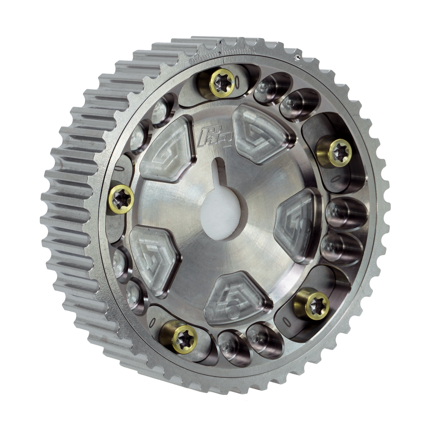 PHR Billet Titanium or Aluminum Adjustable Locking Cam Gear Builder for 2JZ/1JZ Engines - Machined Titanium Inner, Machined Titanium Outer, Stainless "0" Degree Locks, Yellow Titanium Hardware