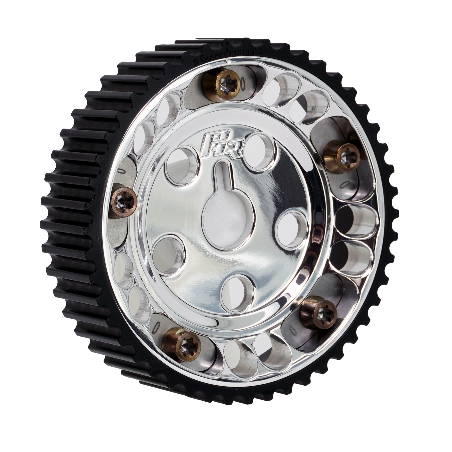 PHR Billet Titanium or Aluminum Adjustable Locking Cam Gear Builder for 2JZ/1JZ Engines - Polished Aluminum Inner, Black Anodized Aluminum Outer, Titanium "0" Degree Locks, Bronze Titanium Hardware