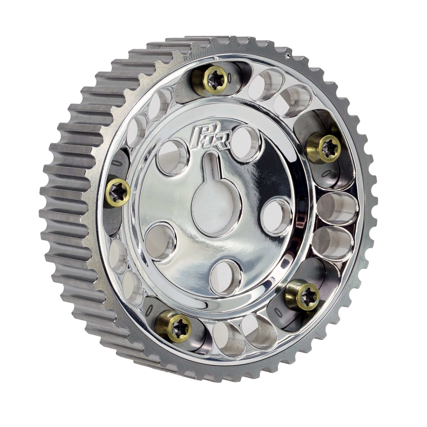 PHR Billet Titanium or Aluminum Adjustable Locking Cam Gear Builder for 2JZ/1JZ Engines - Polished Aluminum Inner, Machined Titanium Outer, Titanium "0" Degree Locks, Yellow Titanium Hardware