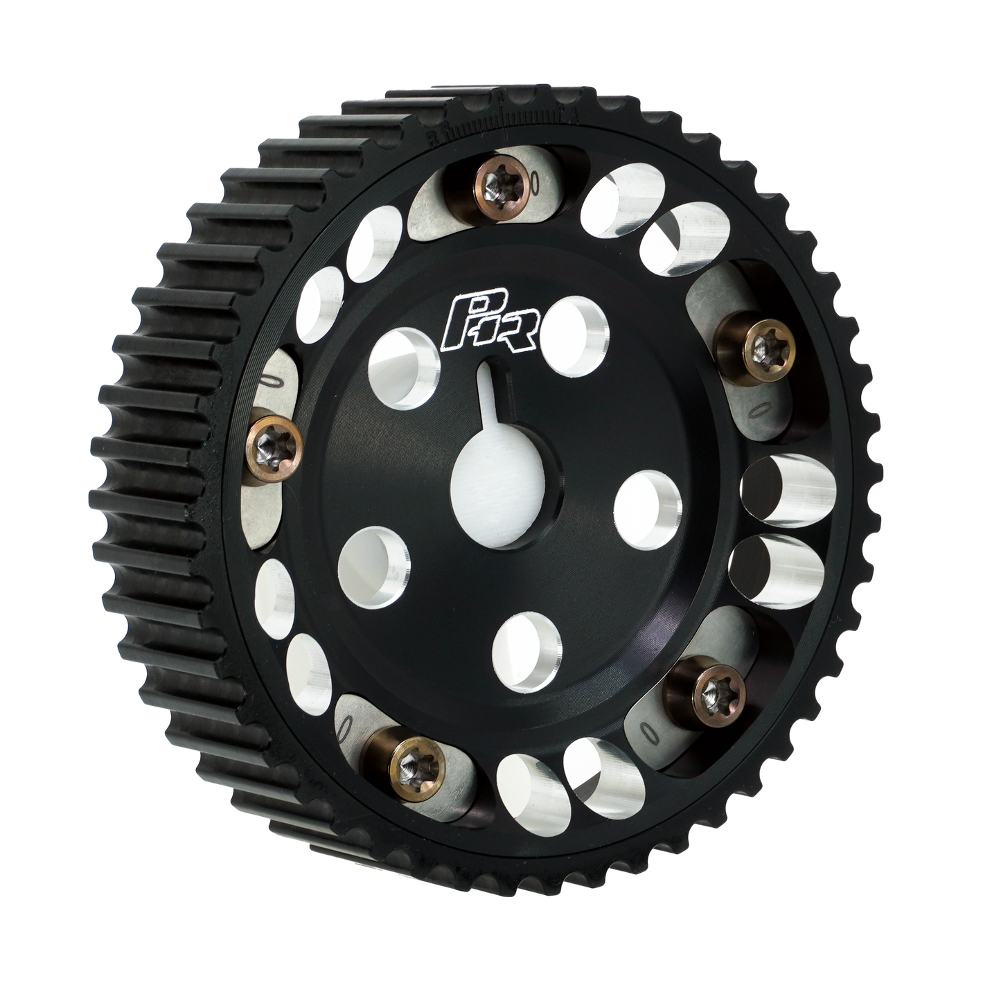 PHR Billet Titanium or Aluminum Adjustable Locking Cam Gear Builder for 2JZ/1JZ Engines - Black Anodized Aluminum Inner, Black Titanium Outer, Stainless "0" Degree Locks, Bronze Titanium Hardware