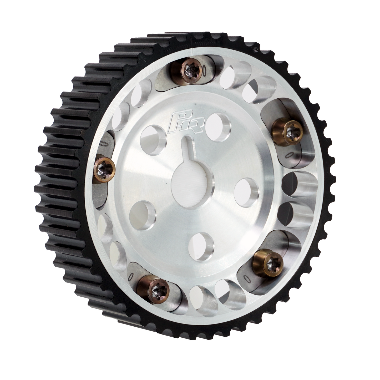 PHR Billet Titanium or Aluminum Adjustable Locking Cam Gear Builder for 2JZ/1JZ Engines - Machined Aluminum Inner, Black Titanium Outer, Stainless "0" Degree Locks, Bronze Titanium Hardware