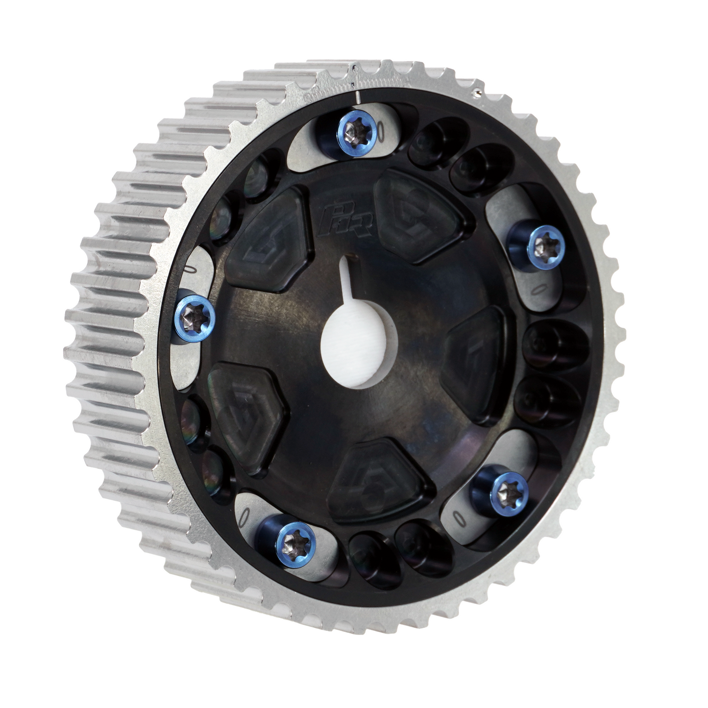 PHR Billet Titanium or Aluminum Adjustable Locking Cam Gear Builder for 2JZ/1JZ Engines - Black Titanium Inner, Machined Titanium Outer, Titanium "0" Degree Locks, Blue Titanium Hardware