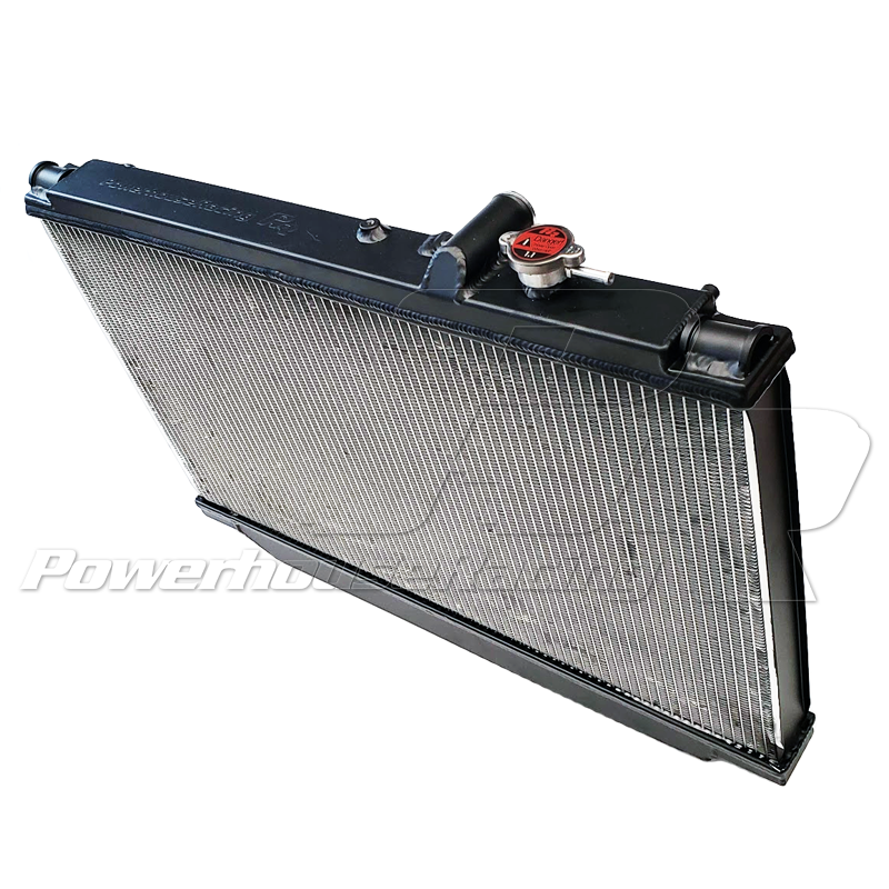 PHR Aluminum Race Radiator for MKIV Supra - Internal Transmission Cooler (Inside Radiator), OEM hose inlet and outlet, Matte black powder coat