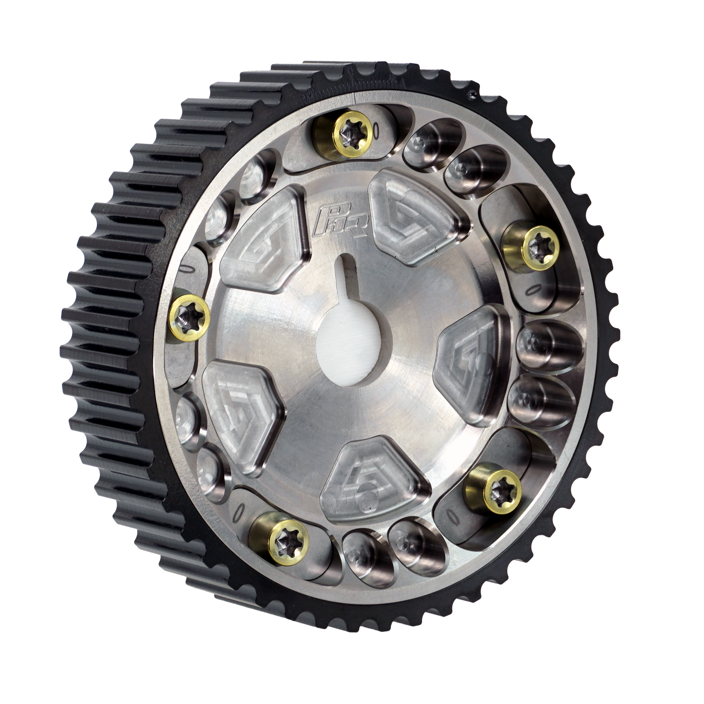 PHR Billet Titanium or Aluminum Adjustable Locking Cam Gear Builder for 2JZ/1JZ Engines - Machined Titanium Inner, Black Anodized Aluminum Outer, Titanium "0" Degree Locks, Yellow Titanium Hardware