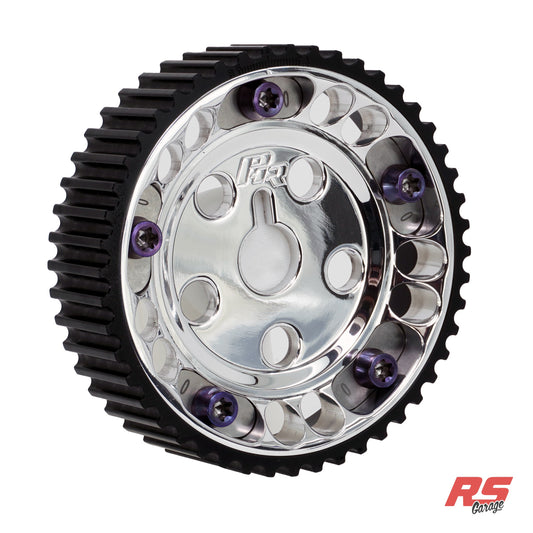PHR Billet Titanium or Aluminum Adjustable Locking Cam Gear Builder for 2JZ/1JZ Engines - Polished Aluminum Inner, Black Anodized Aluminum Outer, Titanium "0" Degree Locks, Purple Titanium Hardware
