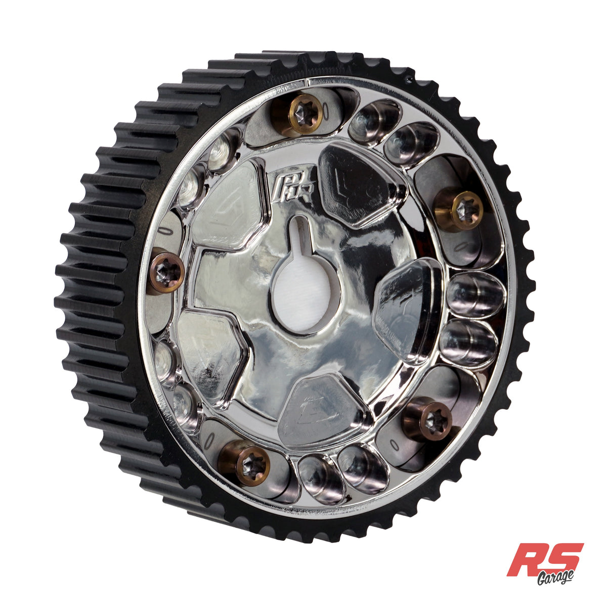 PHR Billet Titanium or Aluminum Adjustable Locking Cam Gear Builder for 2JZ/1JZ Engines - Polished Titanium Inner, Black Titanium Outer, Titanium "0" Degree Locks, Bronze Titanium Hardware