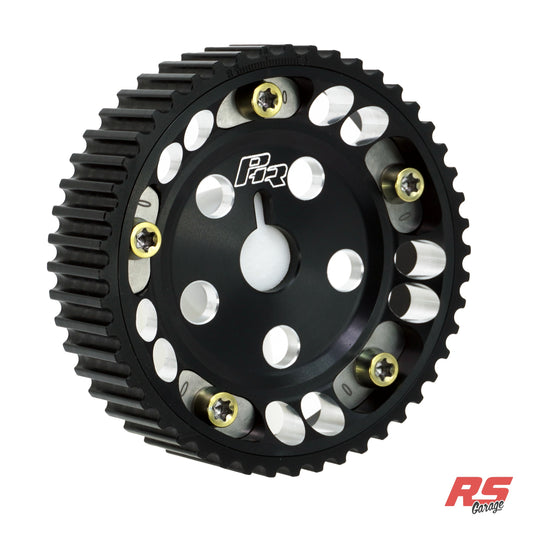 PHR Billet Titanium or Aluminum Adjustable Locking Cam Gear Builder for 2JZ/1JZ Engines - Black Anodized Aluminum Inner, Black Titanium Outer, Stainless "0" Degree Locks, Yellow Titanium Hardware
