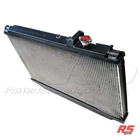 PHR Aluminum Race Radiator for MKIV Supra - Internal Transmission Cooler (Inside Radiator), -20AN inlet and outlet, Matte black powder coat