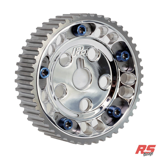 PHR Billet Titanium or Aluminum Adjustable Locking Cam Gear Builder for 2JZ/1JZ Engines - Polished Aluminum Inner, Machined Titanium Outer, Stainless "0" Degree Locks, Blue Titanium Hardware