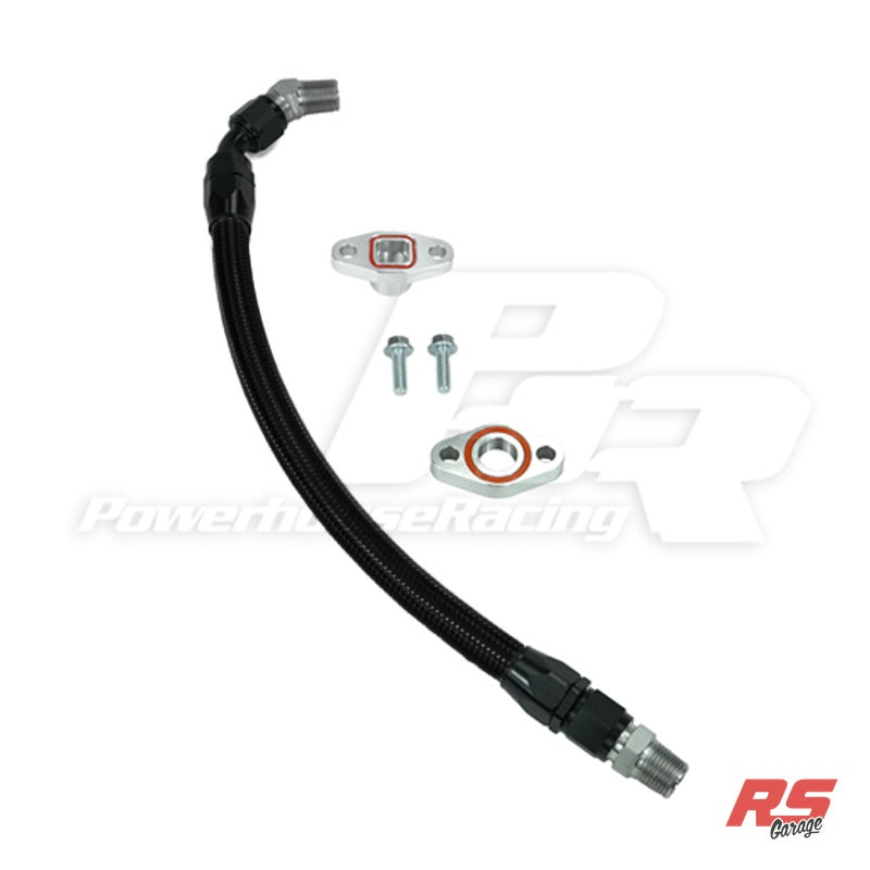 PHR Turbo Oil Drain Kit for RHD Supra -Black braided line with black hose ends - Clears RHD Steering Column - Works on - Black braided with Black hose ends