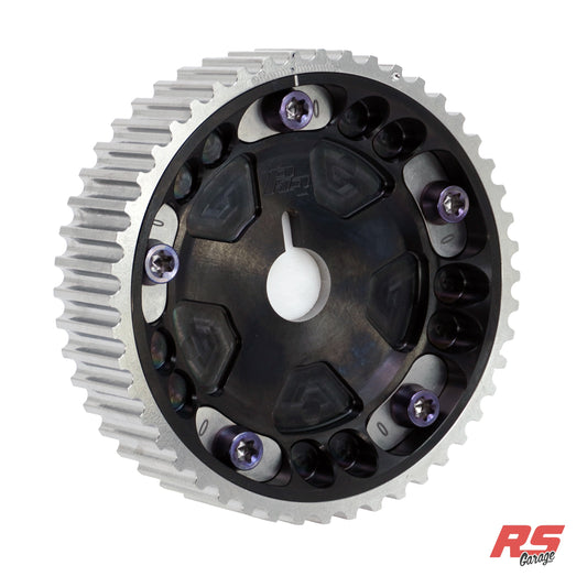 PHR Billet Titanium or Aluminum Adjustable Locking Cam Gear Builder for 2JZ/1JZ Engines - Black Titanium Inner, Machined Titanium Outer, Stainless "0" Degree Locks, Purple Titanium Hardware
