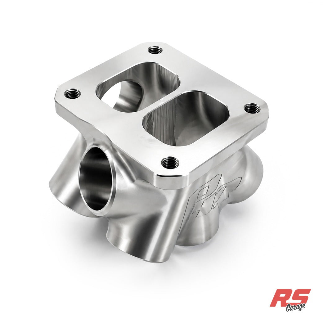 Collector, 304 Stainless Steel, Billet Machined, T4 Flange, Twin Scroll, 6 Inlets,1.25" SCH10 Inlets (1.44 "ID),  Dual WG Outlet (1.44"ID). This collector is used in the S23 Billet Manifold.
