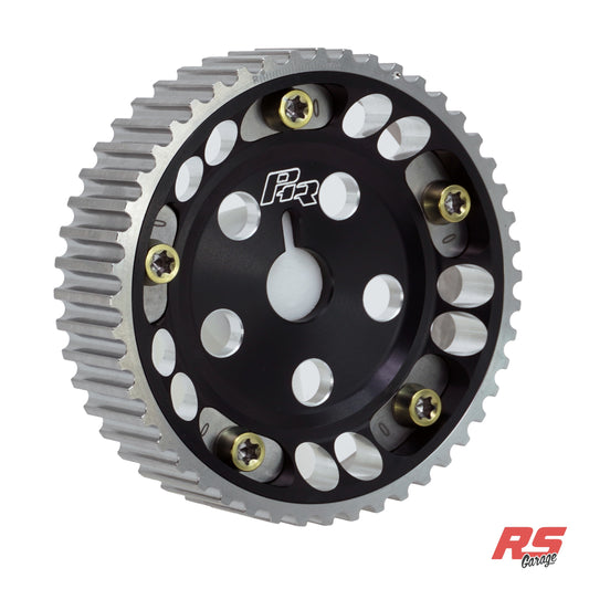 PHR Billet Titanium or Aluminum Adjustable Locking Cam Gear Builder for 2JZ/1JZ Engines - Black Anodized Aluminum Inner, Machined Titanium Outer, Titanium "0" Degree Locks, Yellow Titanium Hardware