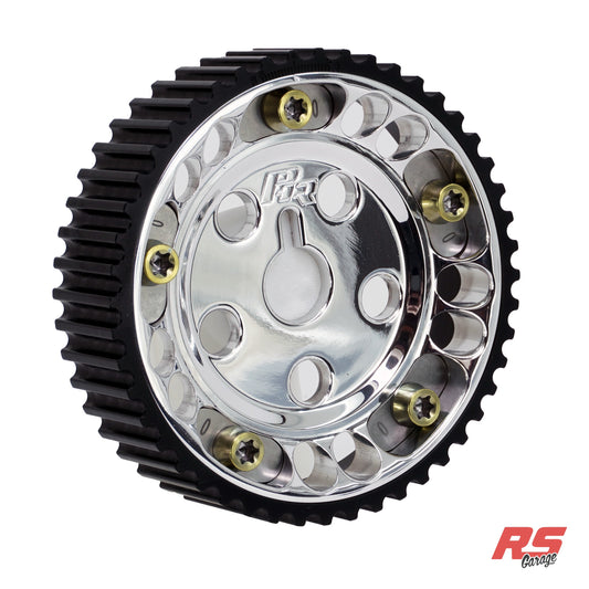 PHR Billet Titanium or Aluminum Adjustable Locking Cam Gear Builder for 2JZ/1JZ Engines - Polished Aluminum Inner, Black Titanium Outer, Stainless "0" Degree Locks, Yellow Titanium Hardware