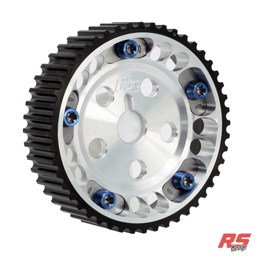 PHR Billet Titanium or Aluminum Adjustable Locking Cam Gear Builder for 2JZ/1JZ Engines - Machined Aluminum Inner, Black Anodized Aluminum Outer, Stainless "0" Degree Locks, Blue Titanium Hardware