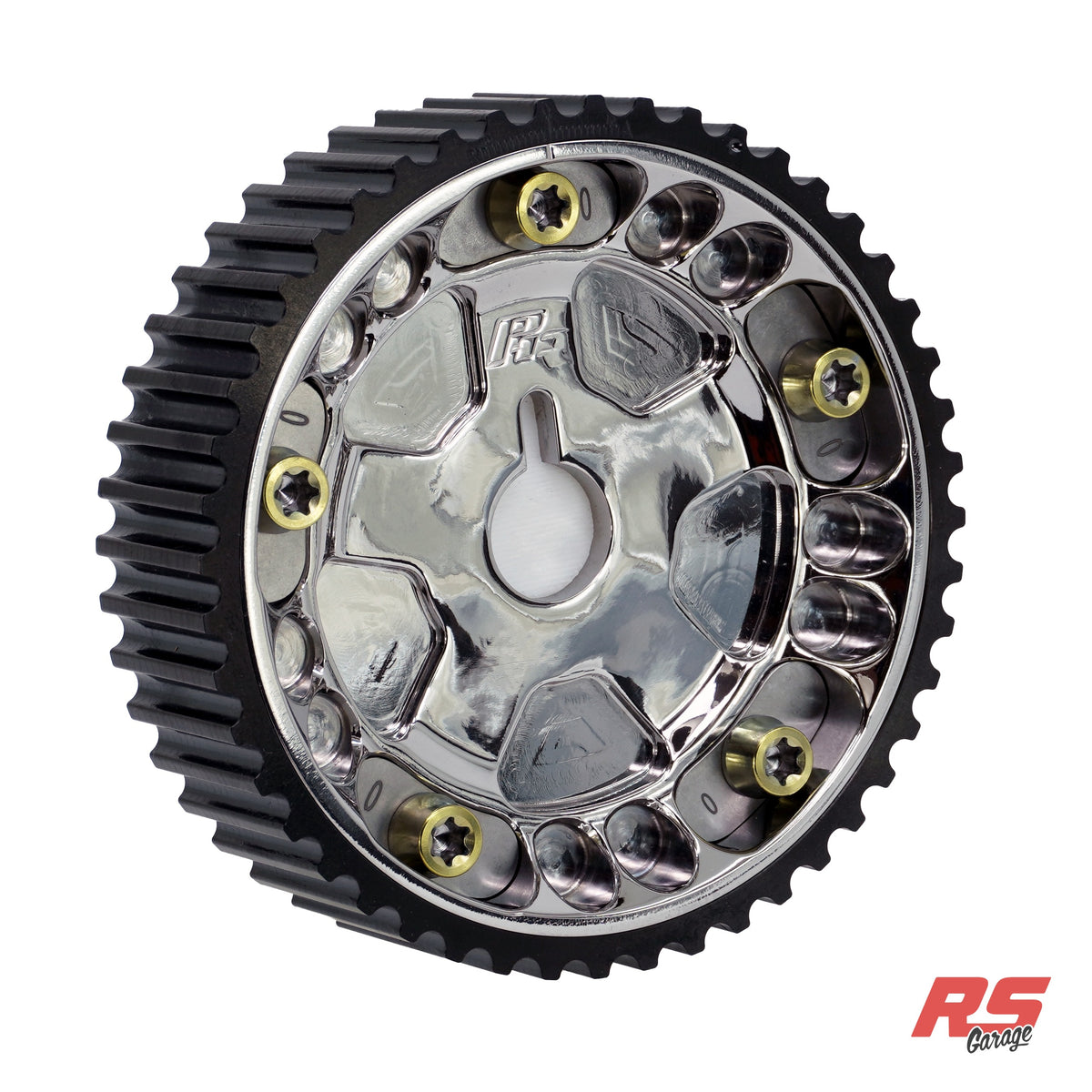 PHR Billet Titanium or Aluminum Adjustable Locking Cam Gear Builder for 2JZ/1JZ Engines - Polished Titanium Inner, Black Anodized Aluminum Outer, Stainless "0" Degree Locks, Yellow Titanium Hardware